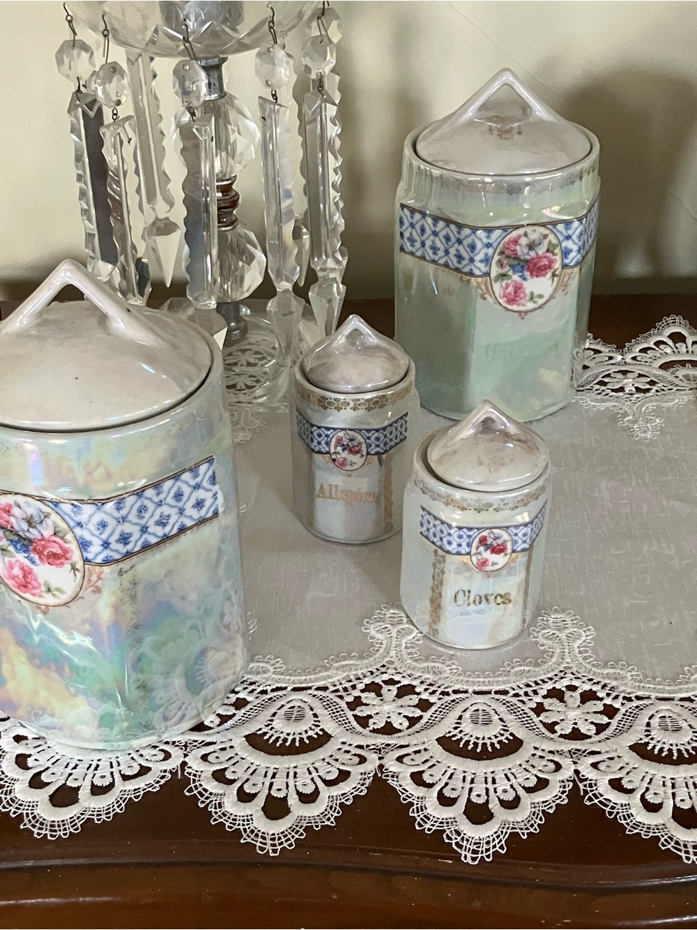 14 piece Iridescent Floral Ceramic Canister Set -  cream  and Blue